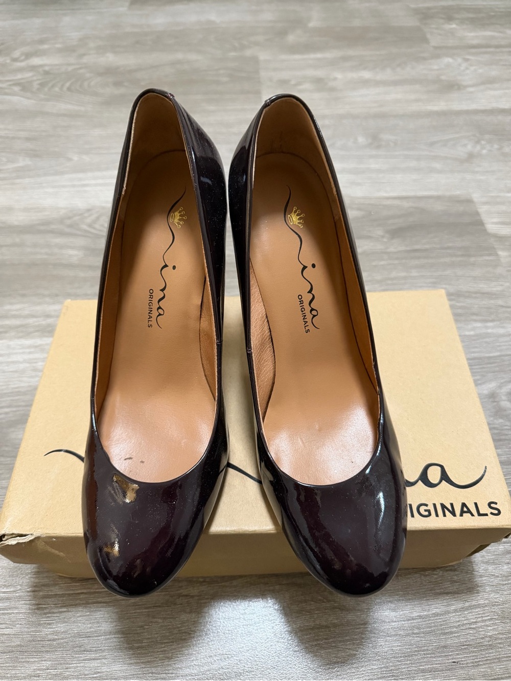 Nina Patent Round-Toe Pumps in Dark Burgundy